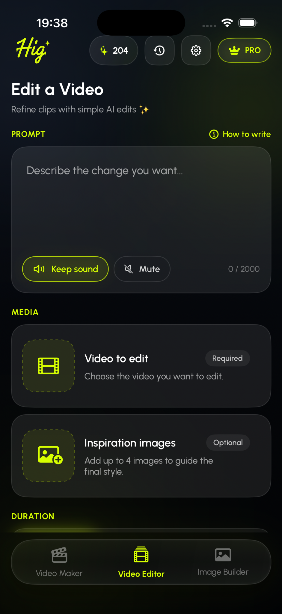 Hig video editor screen
